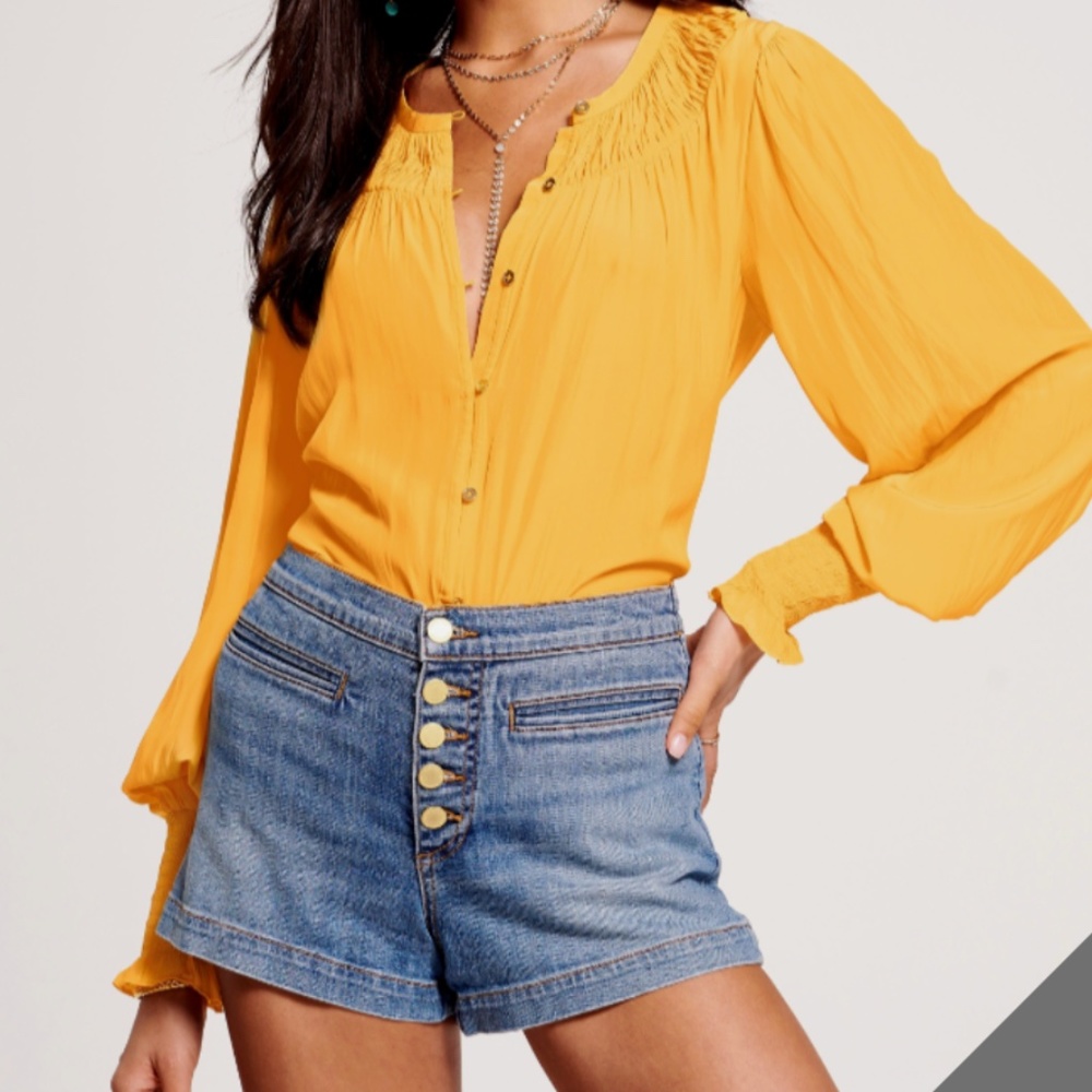 NWT RAMY BROOK Satin Isla Yellow Puff Sleeve Lightweight Blouse in Medium